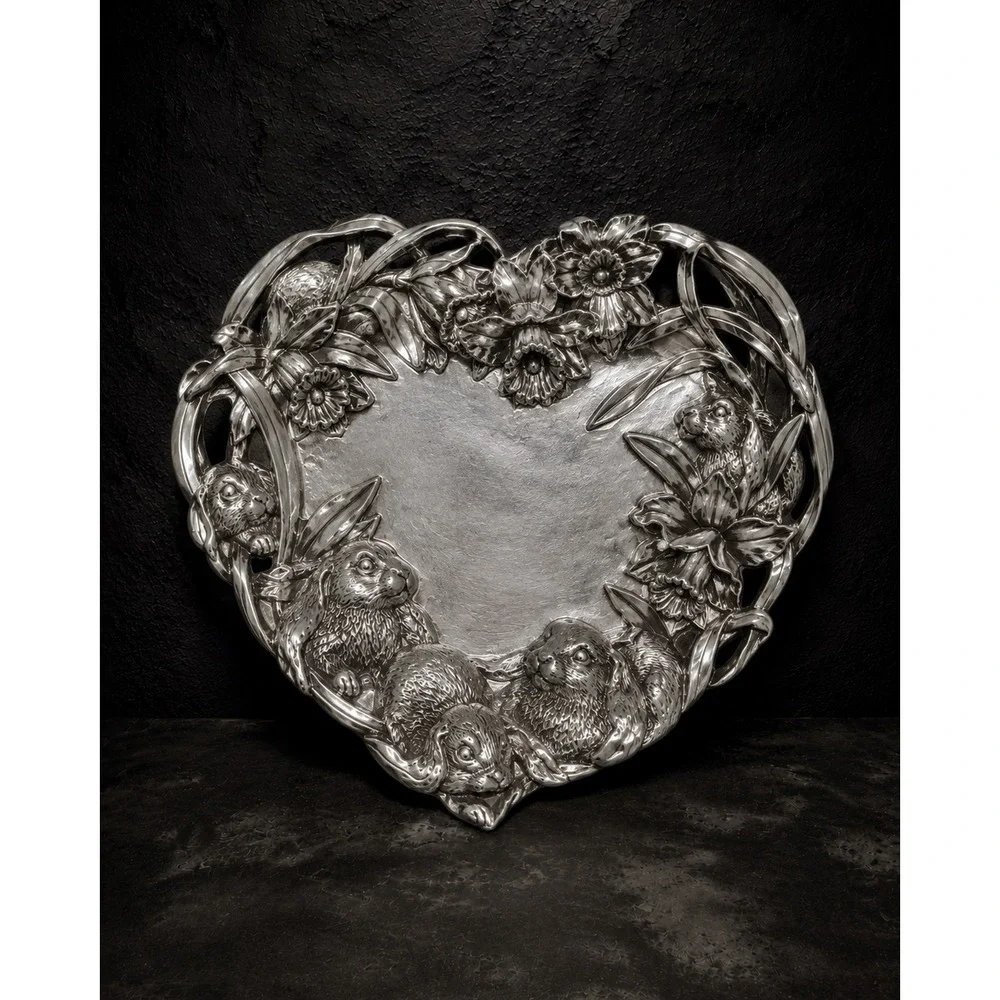 1993 Arthur Court Heart Shaped Serving Dish Spring Bunnies Daffodil Flowers 10